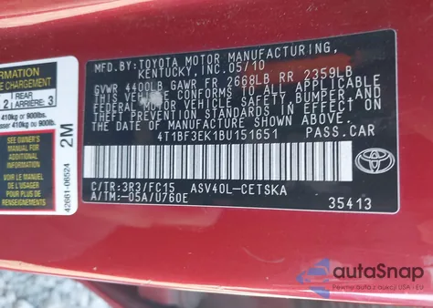 2011 Toyota Camry Le from USA, damaged, VIN 4T1BF3EK1BU151851